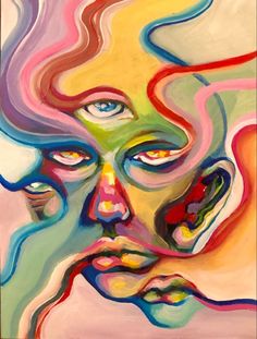 an abstract painting of a woman's face with multiple colored lines coming out of it