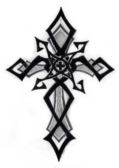 the cross is drawn in black and white with an intricate design on it's side