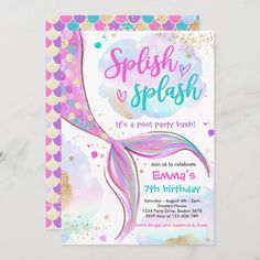 a birthday party card with an image of a mermaid's tail and bubbles on it