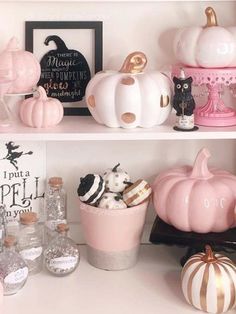 a white shelf filled with lots of different types of pumpkins and other decorative items