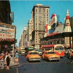 an old photo of cars and people on the street in new york city, ny