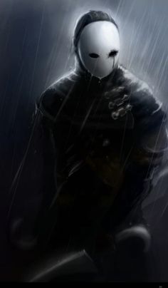 a person sitting in the rain wearing a mask