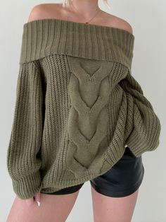 Details: Off the shoulder sweater Cable knit Thick knit Stretchy Size + Fit: Model is 5'4 Wearing size small Fabric + Care: 100% polyester Shipping + Return: Free US ground shipping on orders $100+ We offer free returns and a refund in the form of store credit with items not worn within 10 days of delivery For more info on returns visit our returns page One Shoulder Sweater Green, Mini Shoulder Sweater, Padded Shoulder Sweater, Off The Shoulder Tunic Sweater, Cute Autumn Sweaters, Off Shoulder Sweater Oversized, Oversized Off Shoulder Sweater, Off Shoulder Sweaters, Off Shoulder Sweater Aesthetic