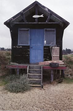 a blue door sits in front of a small black building with steps leading up to it