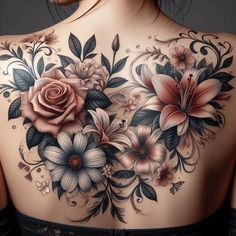 the back of a woman's shoulder with flowers and leaves painted on her chest