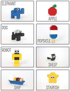 instructions to make lego animals out of legos and building them in different shapes, sizes, and colors