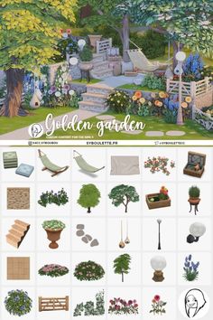 the golden garden poster is shown with many different types of plants and trees in it