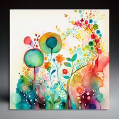 an abstract painting with colorful flowers and leaves