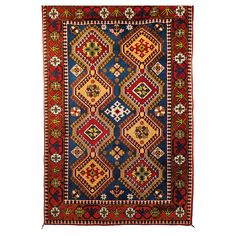 A beautiful mid century Persian Shiraz Yalameh tribal rug in a geometric allover pattern in French blue, red, yellow, and ivory colors. The design consists of two columns of connected latch hook medallions in bright colors of yellow, and red set on a French blue background. Yalameh rugs have similar design to Qashqai tribal rugs but are more restrained in design and also use brighter colors. Yalameh rugs are woven around the city of Shiraz in SW Persia. The pastures and mountains in that area ha Allover Pattern, Latch Hook, Shiraz, French Blue, Rugs And Carpet, Geometric Patterns, Blue Background, Handwoven Rugs, Blue Backgrounds