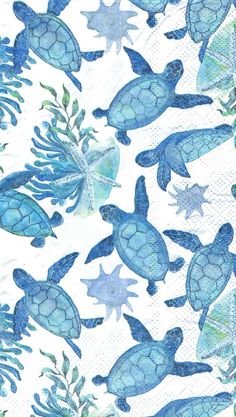 blue sea turtles and corals on white paper napkins with watercolor paint effect