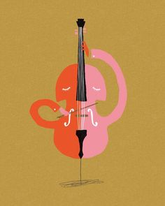 an illustration of a violin and flamingo on a brown background with pink, orange, and yellow colors