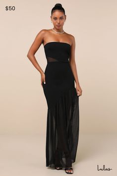 The chic essence of the Lulus Exemplary Sensation Black Strapless Asymmetrical Maxi Dress will command everyone's attention when you strut into the room! Stretchy crepe knit shapes this stunning dress that features a straight neckline and a darted, strapless bodice (with hidden no-slip strips) and a flirty mesh side cutout that lends a stunning effect. High, fitted waist sits atop tops a bodycon skirt that continues down to an asymmetrical seam and ends at a sheer mesh maxi hem. Fit: This garment fits true to size. Length: Floor length. Bust: Great for any cup size. Waist: Fitted - stretchy fabric allows custom fit. Hip: Fitted - stretchy fabric allows room for hips. Undergarments: May be worn with a strapless bra, adhesive bra, petals, or no bra. Fabric: Fabric has some stretch. Bodice is Chic Strapless Dress With Asymmetrical Neckline For Night Out, Asymmetrical Stretch Maxi Dress For Date Night, Asymmetrical Stretch Maxi Dress For Night Out, Chic Strapless Bodycon Maxi Dress, Chic Asymmetrical Strapless Evening Dress, Chic Maxi Dress With Asymmetrical Hem For Night Out, Chic Strapless Asymmetrical Dress For Cocktail, Elegant Strapless Dress With Asymmetrical Hem, Chic One-shoulder Maxi Dress For Club