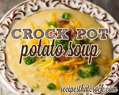 crock pot potato soup in a white and brown bowl