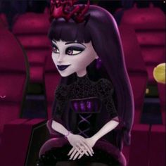 a cartoon character sitting in a theater with her hands on her hips and looking at the camera