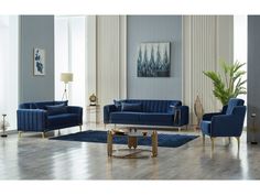 a living room filled with blue couches and chairs