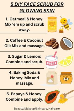 Discover 5 simple, homemade face scrubs to achieve glowing skin using everyday ingredients.
DIY face scrubs, glowing skin, homemade skincare, natural beauty, skin exfoliation
#DIYfacescrub #glowingskin #homemadebeauty #naturalbeauty #skincare #exfoliation #beautytips #skincaretips #beautyroutine #selfcare Natural Ways To Get Glowing Skin, Diy Face Scrub For Glowing Skin, How To Make A Facial Scrub Homemade, Facial Glow Up Tips, Facial Scrubs Homemade, Homemade Skin Care Recipes Diy, Forehead Pimples, Homemade Skincare Products