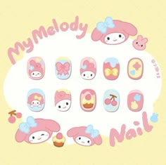 My Melody Nail Art, Melody Nail Art, Paper Nails, Cute Manicure, Kids Nail Designs, Kawaii Kuromi, Nail Art For Kids