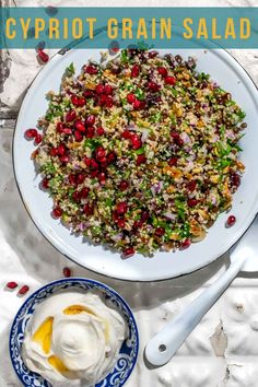 Cypriot grain salad on old white metal tiles with a bowl of Greek yoghurt dressing. Grain Salad Recipes, Couscous Salad Recipes, African Dishes, Greek Restaurant, French Lentils, Beautiful Salad, Beer Cake, Packed Lunches, Grain Salad