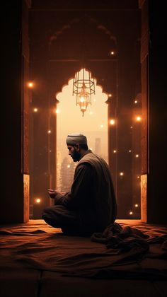 a man sitting on top of a bed in front of a window with lights around him