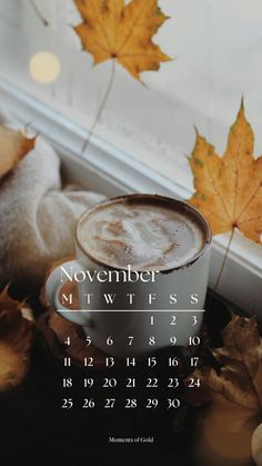 a cup of coffee sitting on top of a window sill next to autumn leaves