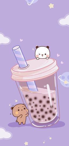 a cartoon bear sitting on top of a cup with milk in it and another animal standing next to it