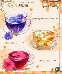 three different types of teas with flowers in them