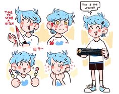 an image of a boy with blue hair and different facial expressions, holding a knife