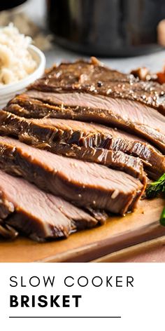 the slow cooker brisket is ready to be eaten