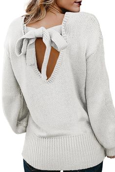 Women White Hollow-out Back Sweater with Tie Specifications Item Type Long Sleeve Tops Decoration hollow out Size Type regular Sleeve Length full sleeve Neckline o-neck Occasion winter Pattern solid Style casual Material 55%Acrylic+45%Cotton •This solid color sweater is elegant and sassy with a modest style with sexy hollow-out back •Any jeans and casual pants pair well with this plain sweater •And we also provide you different colors and sizes to choose Note:1.There maybe 1-2 cm deviation in di Back Cut Out Sweater, Backless Sweater, Montana Vacation, Robes Glamour, Plain Sweaters, Pullover Mode, Straight Clothes, Solid Color Sweater, Harajuku Streetwear