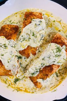 Salmon in a skillet with feta gel cream sauce Salmon With Feta, Seasoned Pork Chops, Dijon Cream Sauce, Decadent Dinner, Dill Sauce, Salmon Dishes, Fish Dinner, One Pan