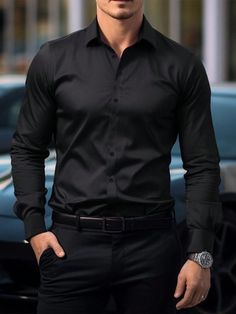 Pant Shirt Men Style, Black And Black Outfit Men, Black Clothes For Men, Mens Outfits Work, Mens Collared Shirt Outfit, All Black Dress Outfit Men, Black Shirt Men Outfit, Black Dress Shirt Outfit Men, All Black Men Outfit