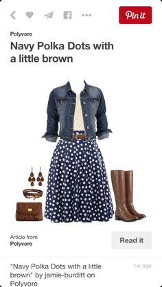 I like the color combinations--- denim with polka dots and brown leather accessories. Chique Outfits, Boating Outfit, Women's Coats, Fancy Dresses