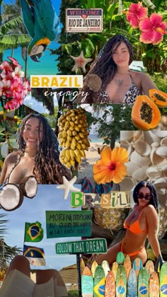 the collage is made up of different pictures and words, including women in bikinis