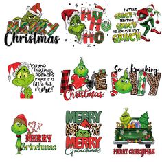 the grin's christmas stickers are all in different styles and colors, including green