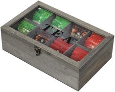 8 Compartment Gray Wood Tea Bag Storage Box Chest with Clear Acrylic Lid-MyGift Tea Box Storage, Tea Bag Storage, Tea Bag Organizer, Tea Routine, Box Chest, Tea Storage, Condiment Holder, Tea Bag Holder, Ceramic Flower Pots