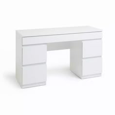 a white desk with three drawers on top and one drawer at the bottom, against a white background