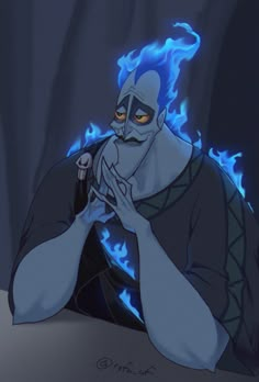 an animated character sitting in front of a blue flame with his hands clasped to his chest