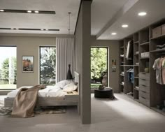 a bedroom with an open closet and bed