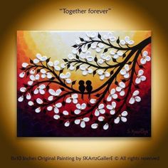 a painting with two birds sitting on a tree branch, and the words together forever