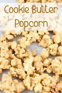 cookie butter popcorn on a baking sheet with text overlay