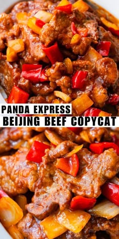 panda express beef and bell peppers in a white bowl with text overlay that reads panda express being beef copycat