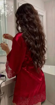 Red Silk Robe Aesthetic, Elegant Formal Hairstyles, Red Pyjamas, Pyjama Dress, Black Hair Hairstyles, Glass Hair, Aesthetic Hairstyles, Outfit Elegantes, Red Outfits