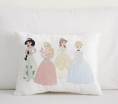 the princesses pillow is on display in front of a white bed with sheets and pillows