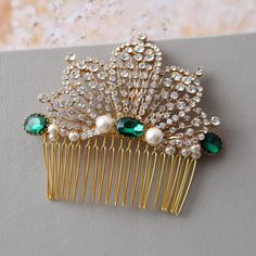 Bridal Headpiece, Vintage Style Crystal Pearl  Hair comb, Wedding Hairpiece, Pearl Hair comb, Crystal headdress, Art Deco Bridal Hairpiece  Vintage Style hair comb ONE only available Colour: gold tone/clear /ivory/green Measurements: approx 3.5 x 2 inches( please NOTE not light weight!) Materials:  gold findings,crystal rhinestones,  ivory faux pearls, wire, comb.All components attached with jewelry wire. Great for wedding or other celebration. MORE ACCESSORIES: https://www.etsy.com/uk/shop/Dona Art Deco Hair Accessories, Vintage Hair Combs Wedding, Emerald Art Deco, Emerald Art, Hairpiece Wedding, Pearl Hair Comb, 1920s Hair, Bridal Business, Art Deco Hair