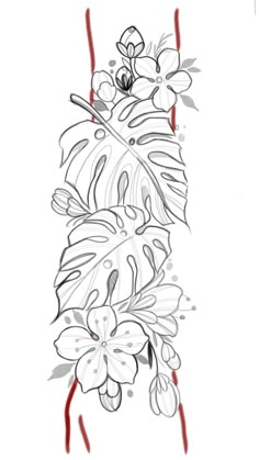 a line drawing of flowers and leaves on a white background, with red lines in the middle