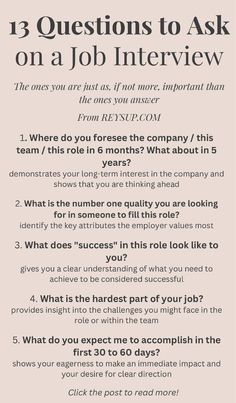 a poster with the words questions to ask on a job interview in black and white