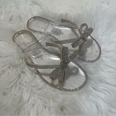 New With Out Tags Clear Rubber Sandals With Silver Toned Gems Around The Edge With Bows Perfect For Brides! A Few Gems Missing From The Back As Shown In Photo- Not Noticeable When Worn Winter Wonderland Christmas Party, Clear Slides, Slides Outfit, Sparkly Sandals, Bling Sandals, Clear Sandals, Rubber Sandals, Bow Sandals, Rhinestone Bow