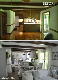 before and after pictures of a living room with wood floors, white couches, and green walls