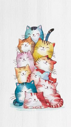 a group of cats sitting next to each other on top of a white sheet covered in watercolor