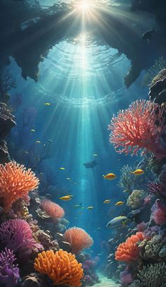 an underwater scene with corals, fish and sunbeaming light coming through the water